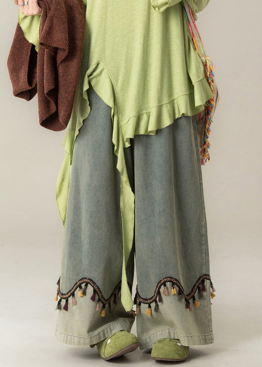 Blue Tasseled High Waist Patchwork Denim Wide Leg Pants Fall