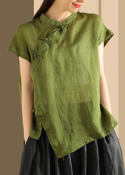 Handmade Green Stand Collar Button Linen Top Summer