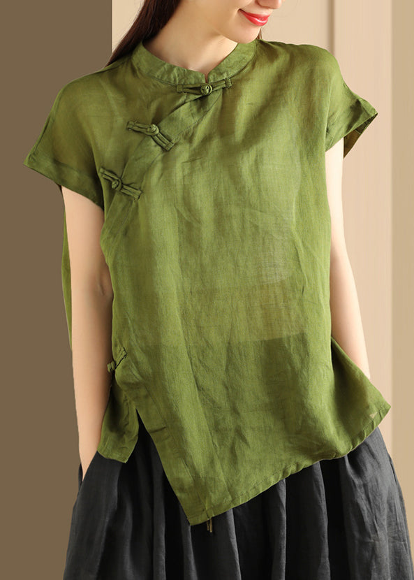 Handmade Green Stand Collar Button Linen Top Summer