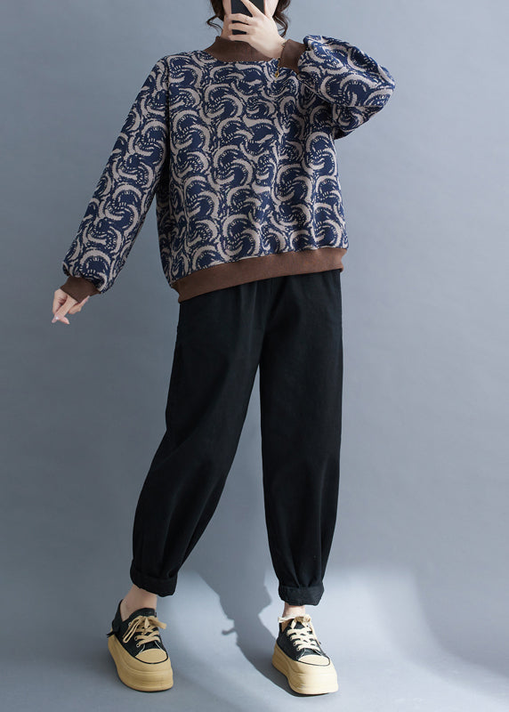 Navy Print Patchwork Warm Fleece Sweatshirt Top Spring