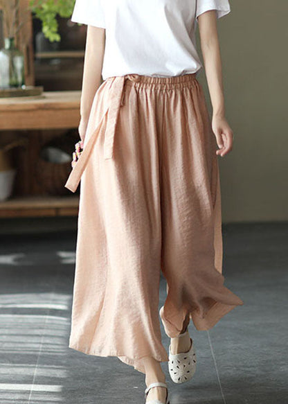 Style Light Pink Elastic Waist Tie Waist Wide Leg Pants Spring