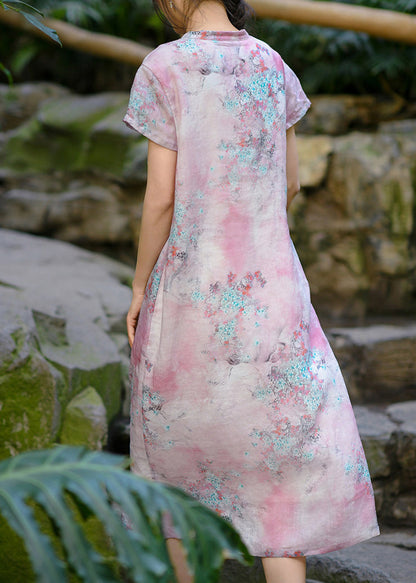 Retro Yellow Stand Collar Print Chinese Button Linen Dress Summer