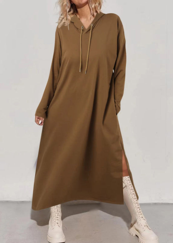 Tea Green Hooded Side Open Cotton Long Dress Fall