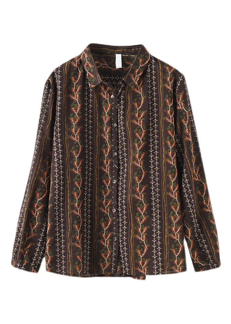 Stylish Chocolate Button Peter Pan Collar Print Shirts Spring