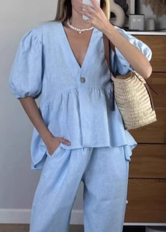 Brief Blue V Neck Shirts and Wide Leg Pants Two Piece Set Short Sleeve