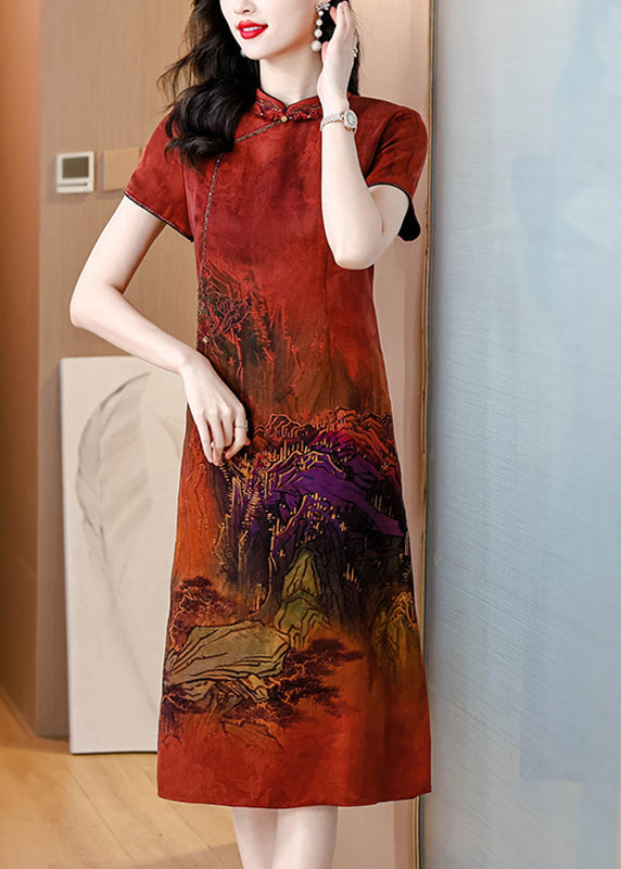 Red Print Silk Long Dress Tasseled Side Open Summer