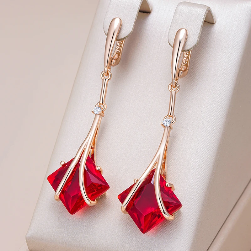 Dangling Earrings With Red Cubic Crystal