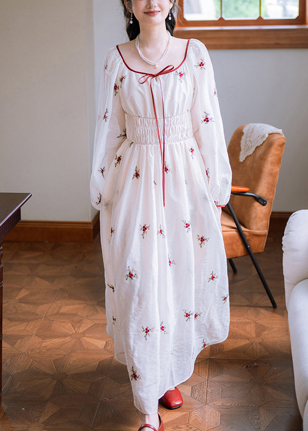 White Embroidered Elastic Waist Cotton Long Dresses Fall