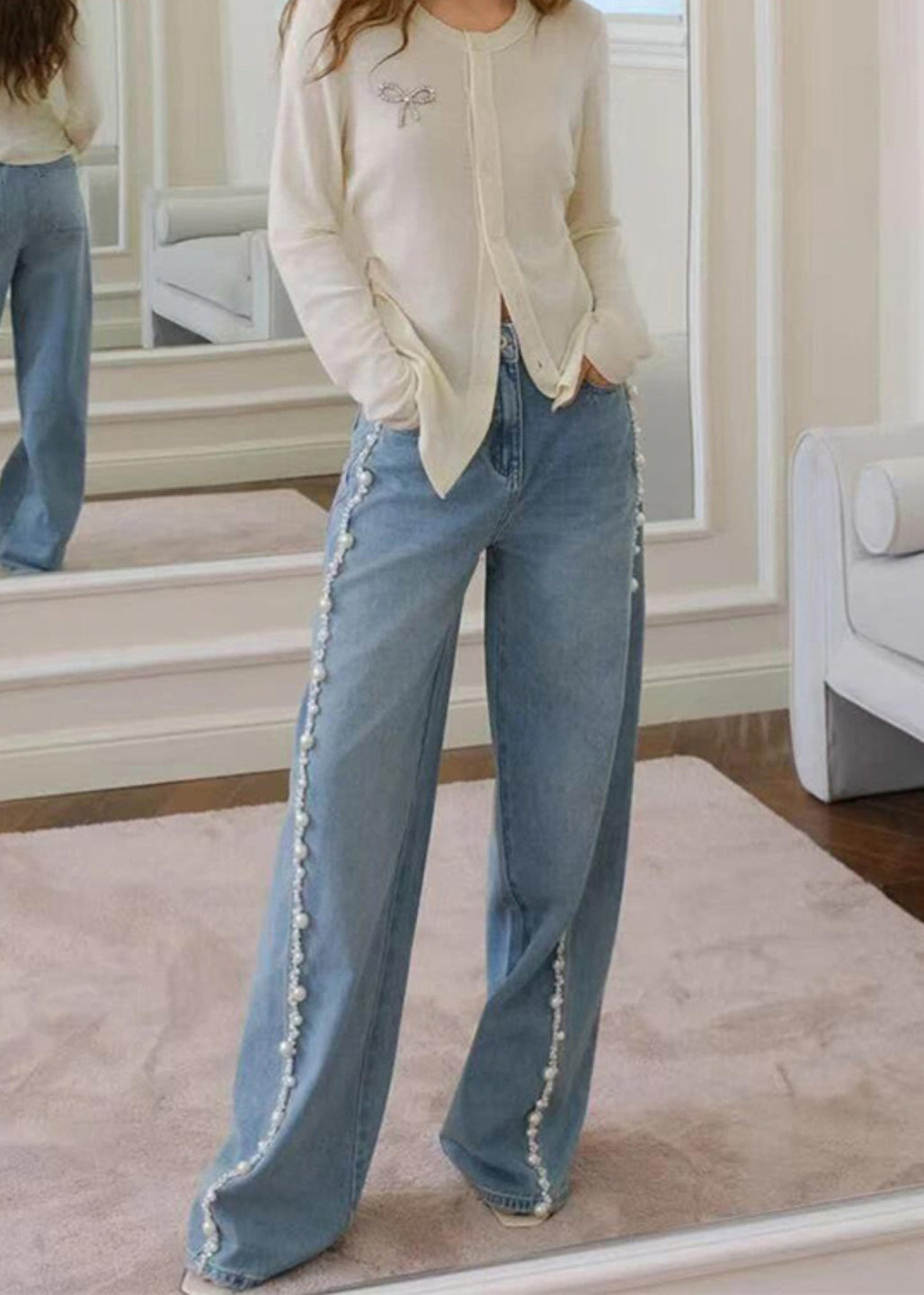 Blue Nail Bead Denim Wide Leg Pants Spring