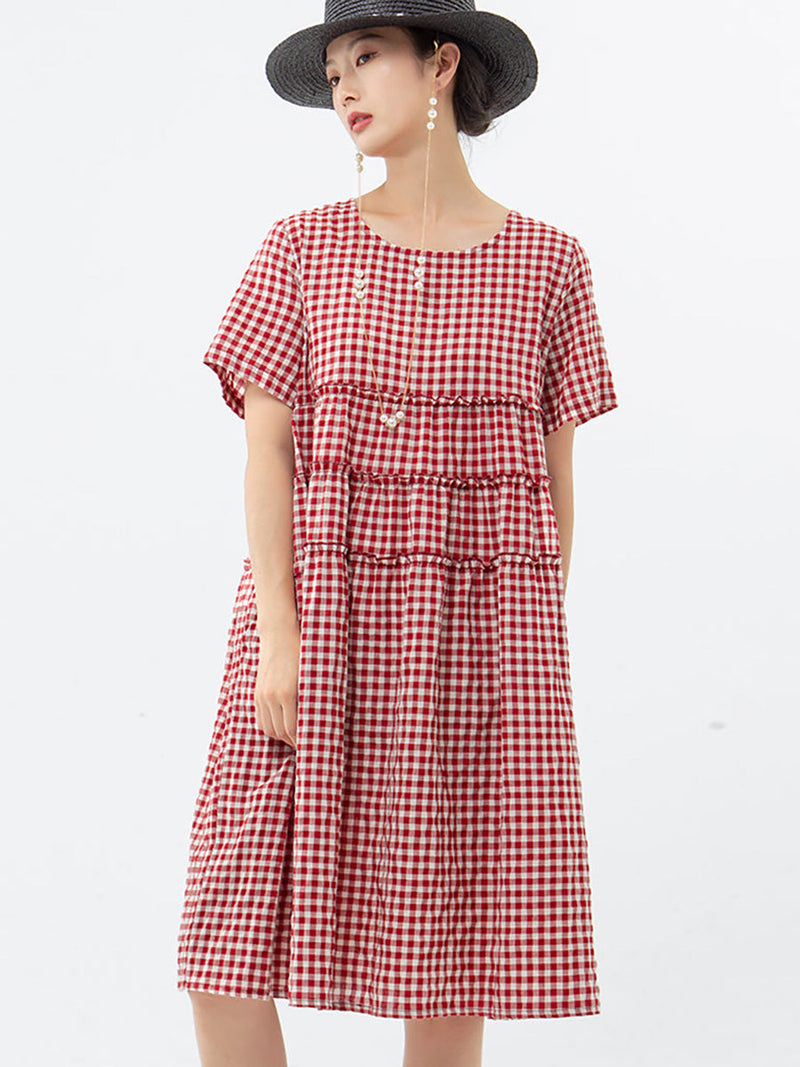 100%cotton Short Sleeve Plaid Dress