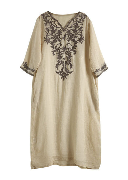 Khaki V Neck Embroidered Patchwork Linen Dress Summer