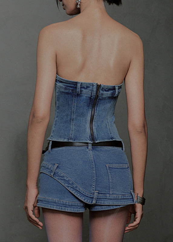 Blue Patchwork Cold Shoulder Denim Top Sleeveless