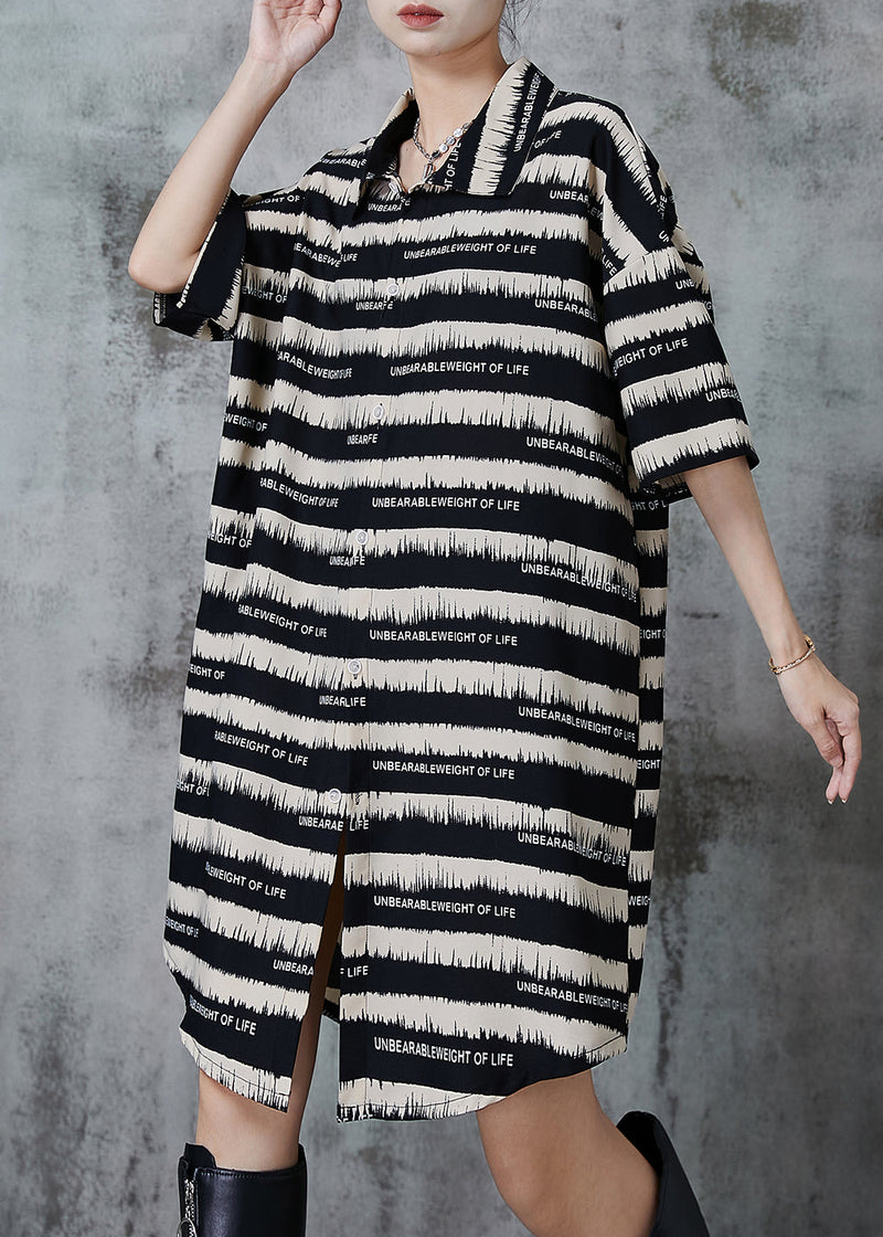 Black Striped Chiffon Shirt Dress Summer