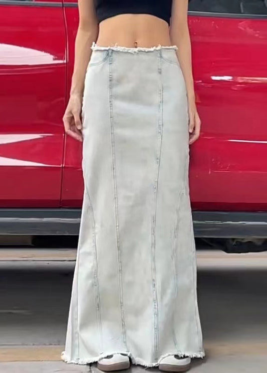 European and American Style Light Blue Denim Maxi Skirts Fall