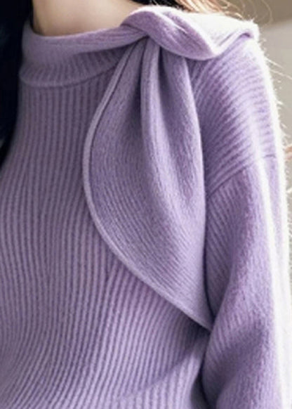 Purple O Neck Bow Knitted Sweaters Spring