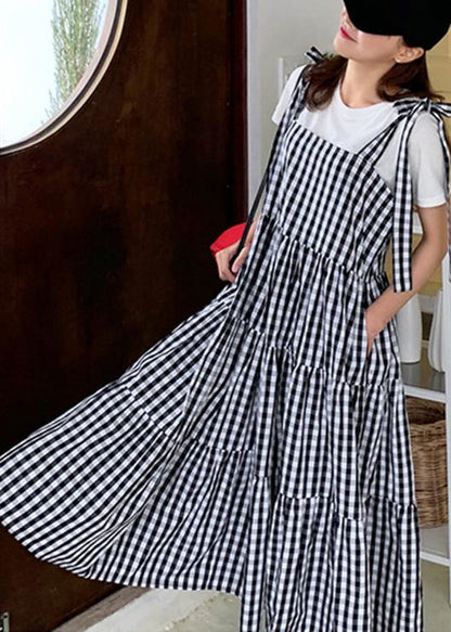 Diy Plaid Cotton Linen Robes Patchwork Pockets Loose Dress