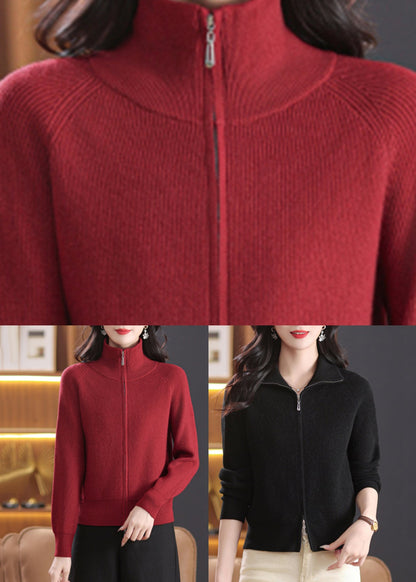 Simple Red Patchwork Knitted Cotton Coats Lantern Sleeve