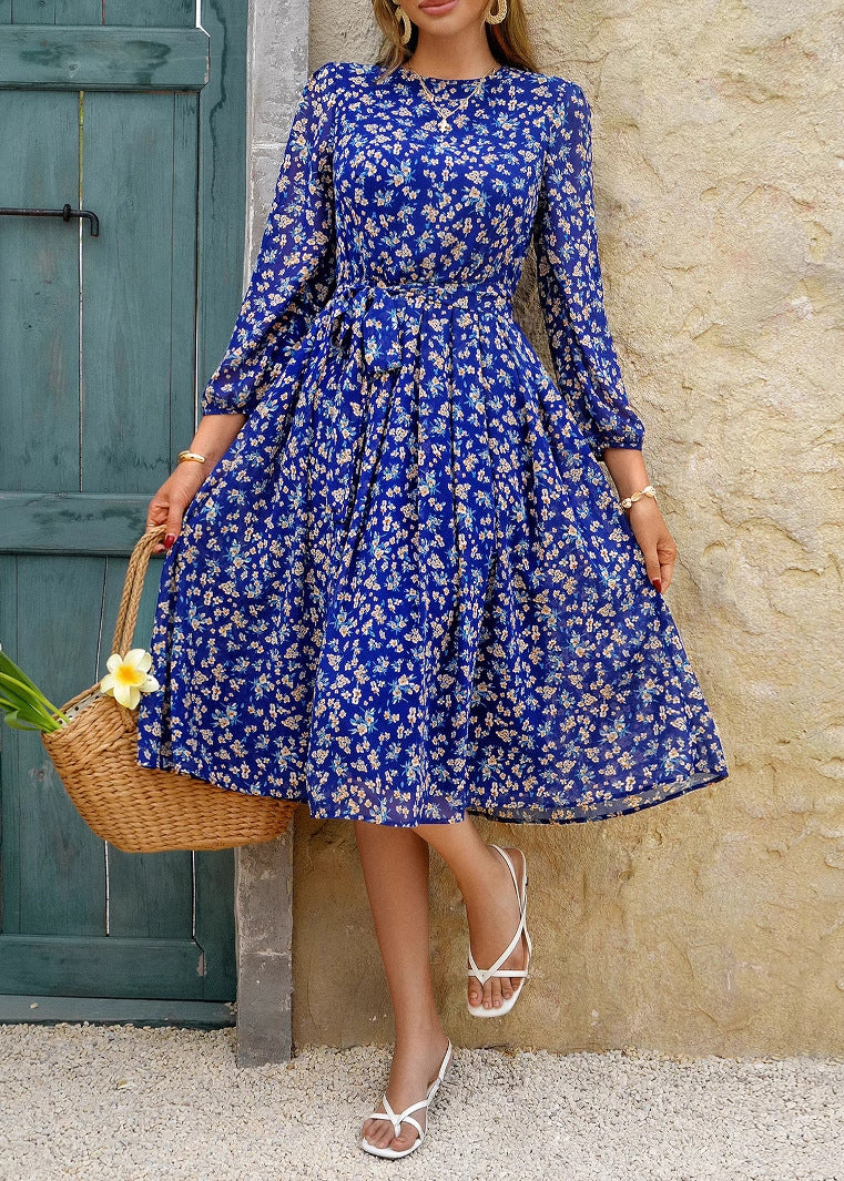 Stylish White O Neck Print Tie Waist Chiffon Dress Summer