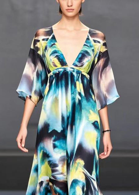 V Neck Tie Dye Side Open Chiffon Party Dresses Summer