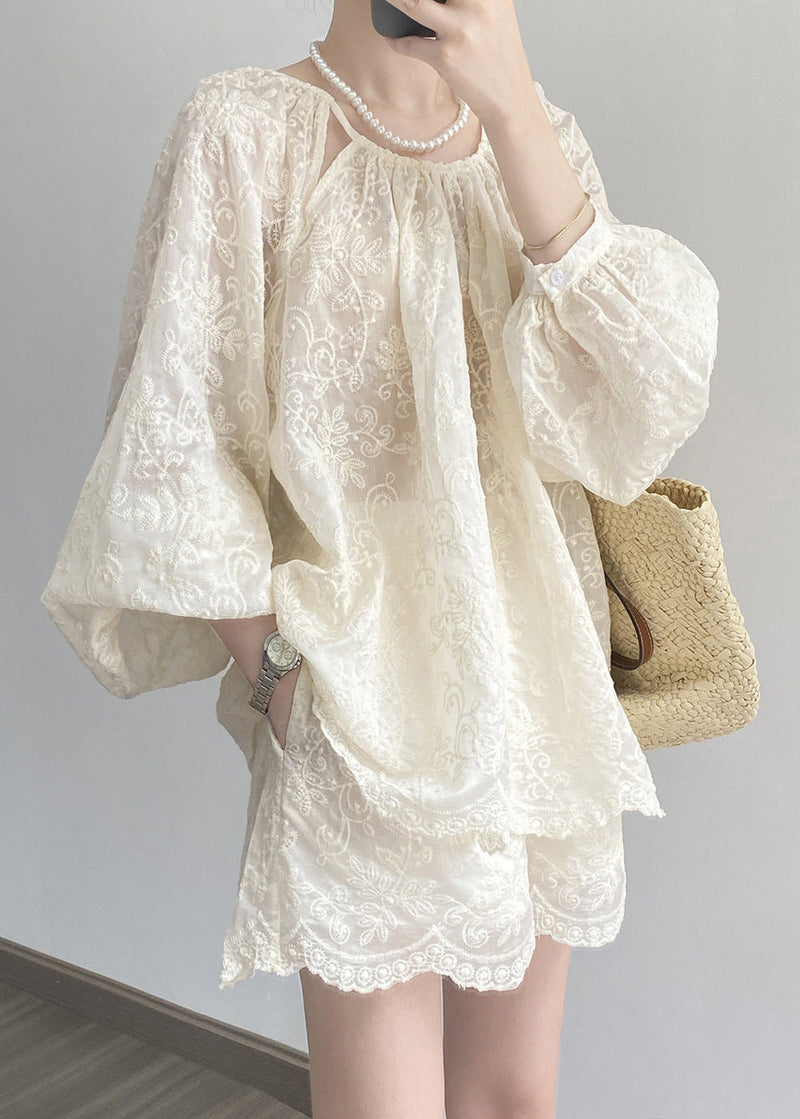 Art Beige Embroidered Tops and Shorts Cotton Two Piece Set Spring