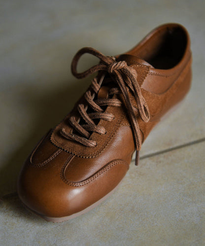 Retro Brown Cowhide Leather Splicing Flat Feet Shoes Lace Up