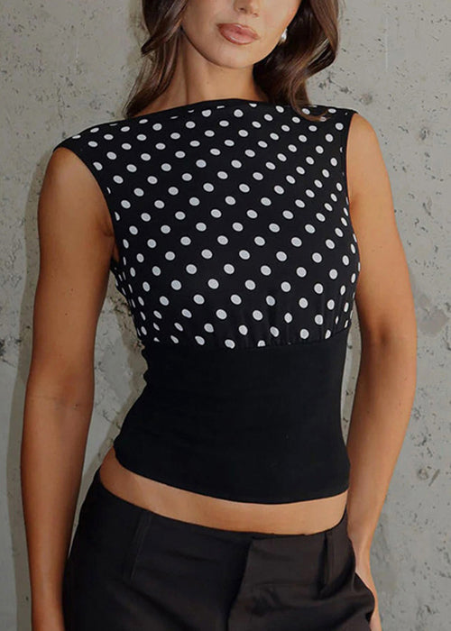 Slim Fit Black Backless Dot Patchwork Cotton Top Summer