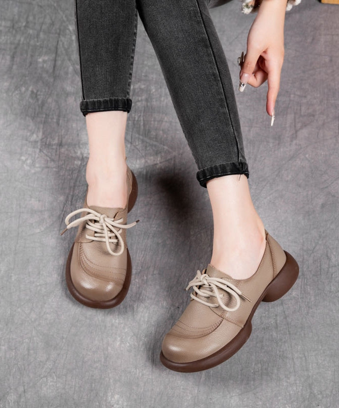 Brown Cowhide Leather Lace Up Splicing Flat Shoes for