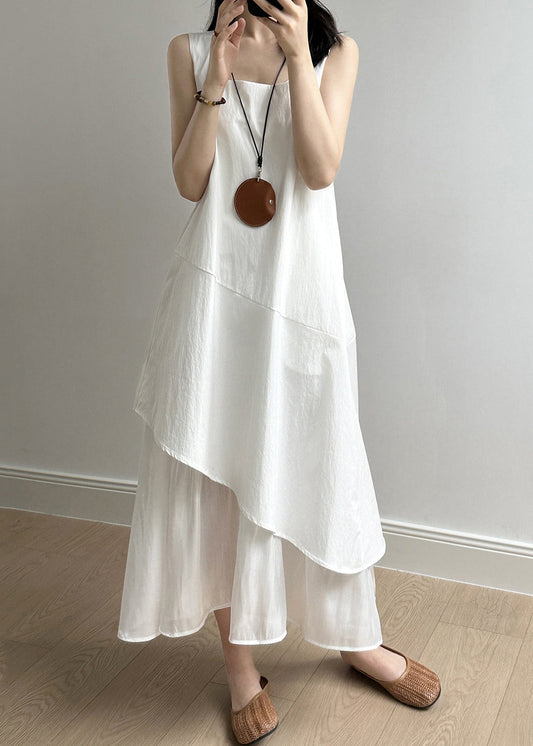 New White Square Collar Patchwork Cotton Long Dresses Sleeveless