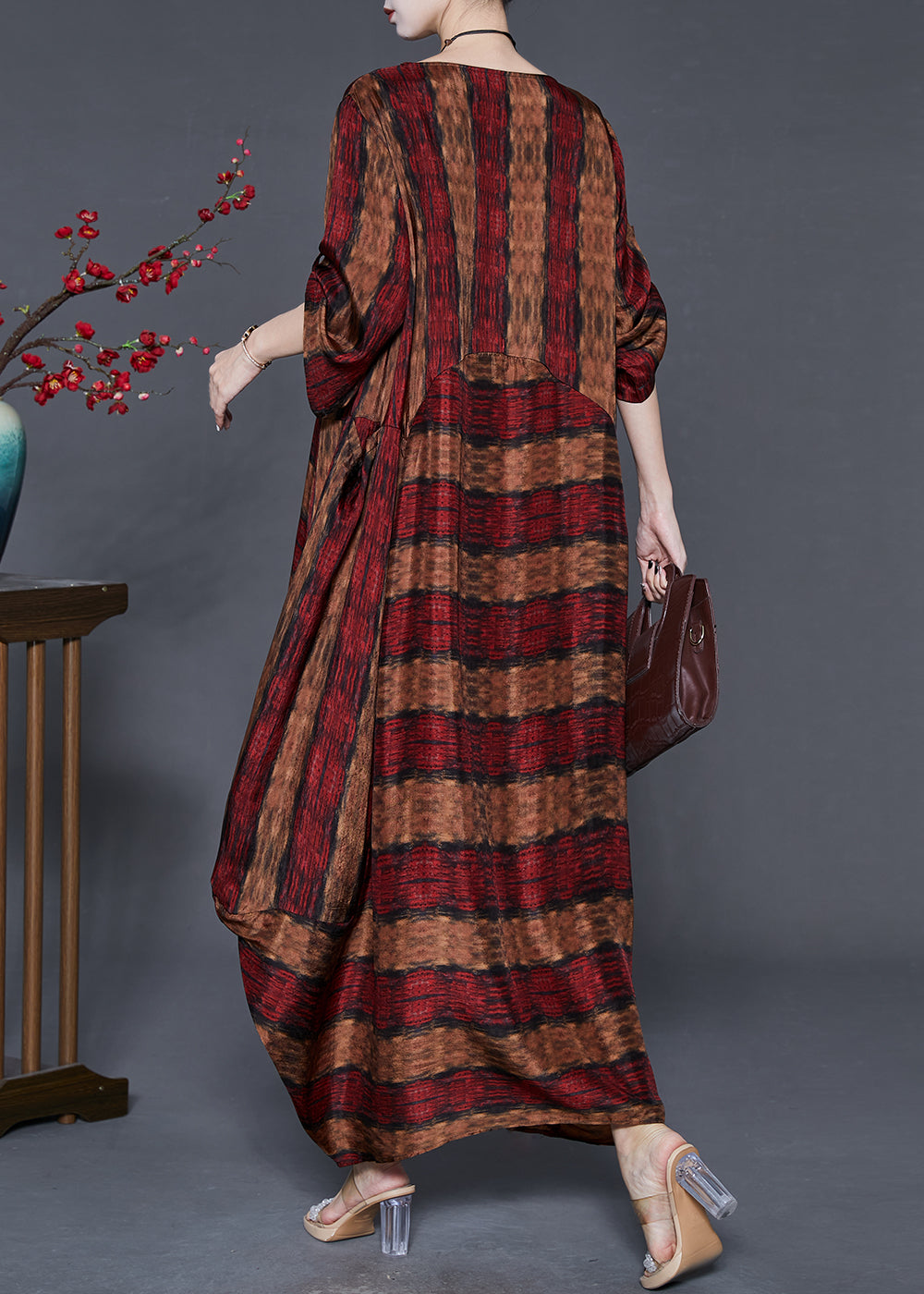 Red Oversized Print Cotton Ankle Dress Spring