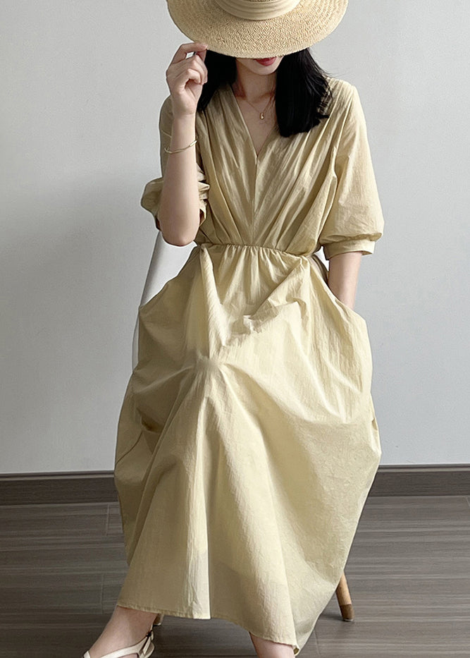 Khaki V Neck Pockets Wrinkled Cotton Dress Summer