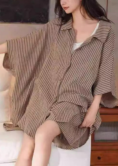 Khaki Peter Pan Collar Striped Shirt and Shorts Two Piece Set Summer