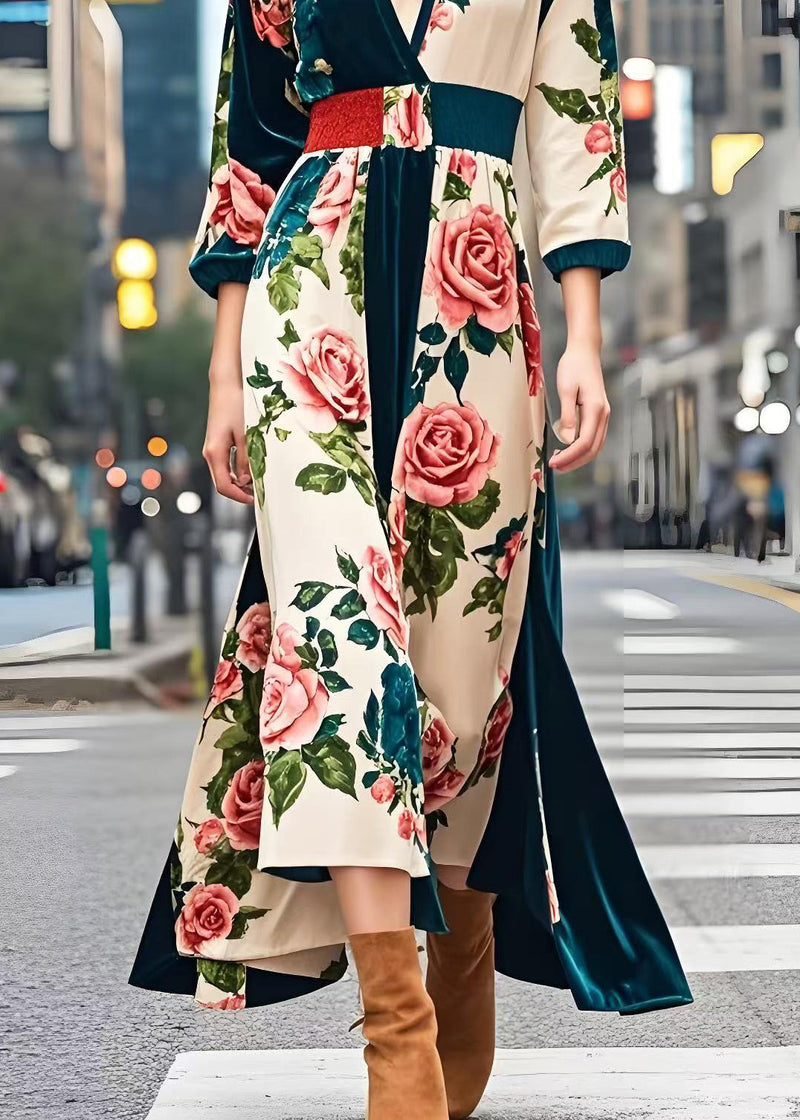 Peacock Green Cinched Print Silk Velvet Dress Spring