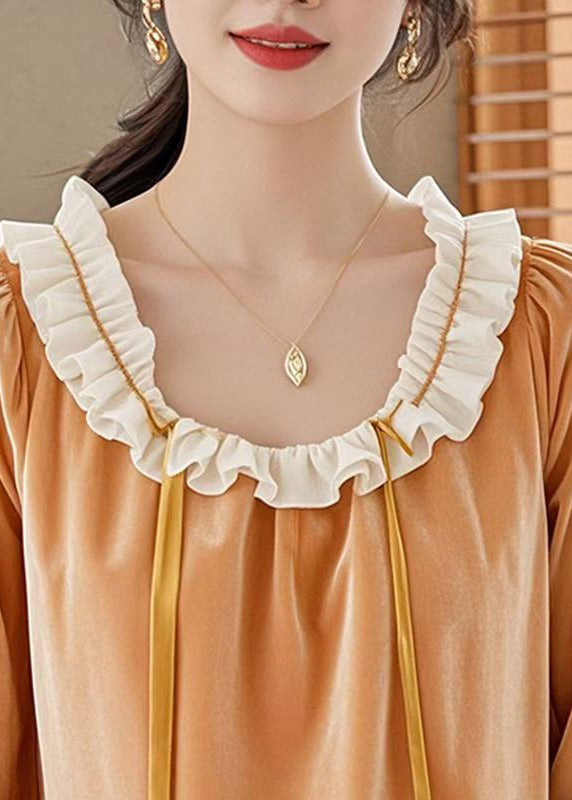 Orange Ruffled Patchwork Velour Shirt Top Fall