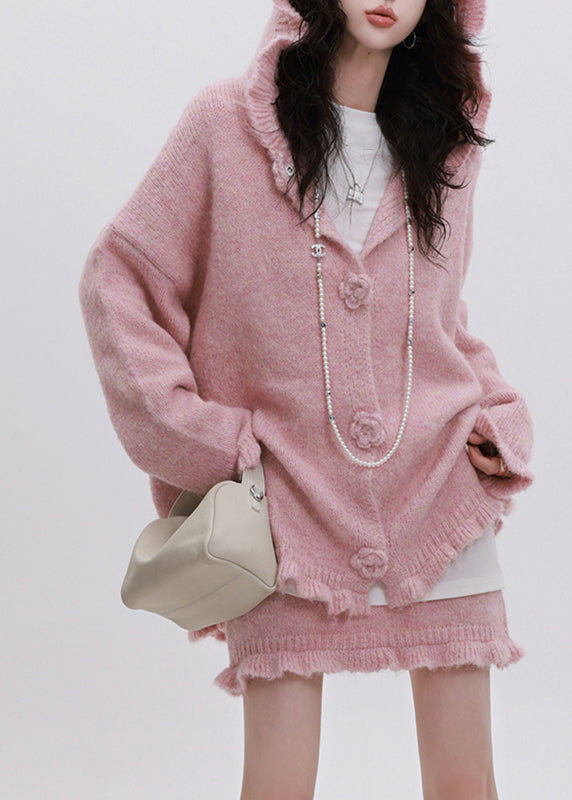 Pink Ruffled Patchwork Cotton Knit Hooded Cardigan and Skirts Two Piece Set Spring