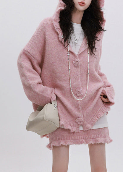 Pink Ruffled Patchwork Cotton Knit Hooded Cardigan and Skirts Two Piece Set Fall