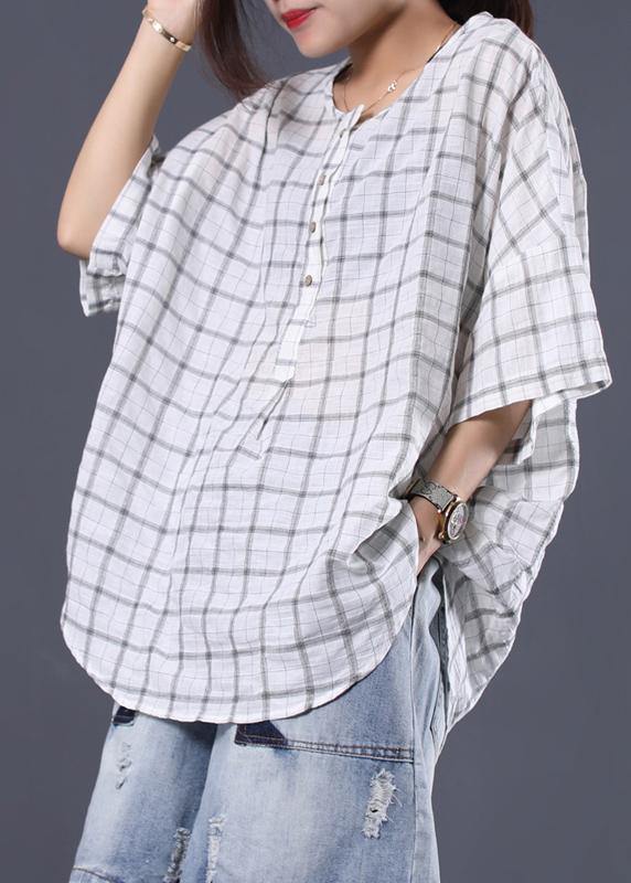 White Plaid Linen Tunic Cotton O Neck Summer Shirt