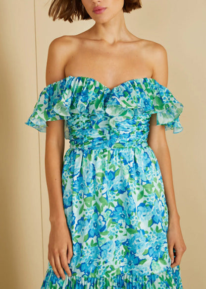 Green Cold Shoulder Ruffled Print Chiffon Vacation Dresses Summer