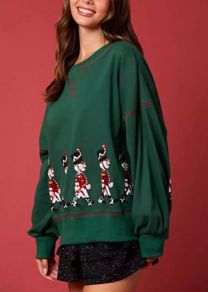 Green O Neck Sequins Cotton Loose Sweatshirt Winter