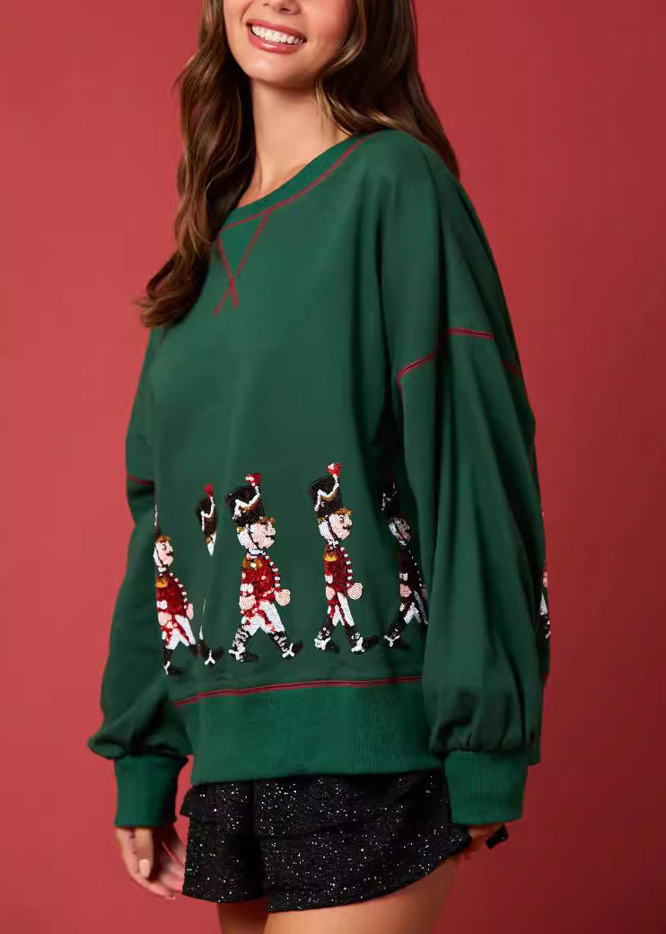 Green O Neck Sequins Cotton Loose Sweatshirt Winter