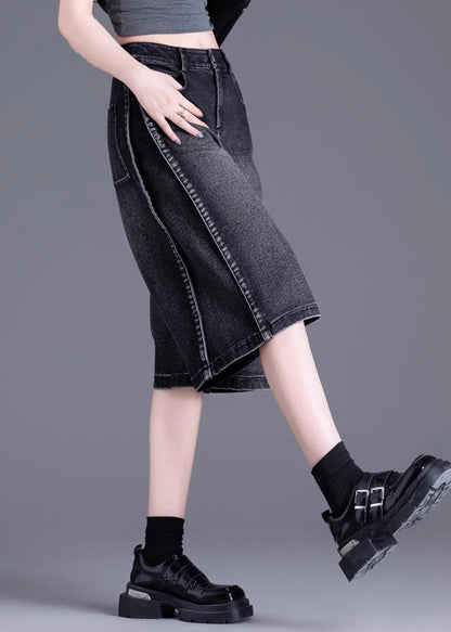 Black Pockets Patchwork Denim Crop Pants Summer