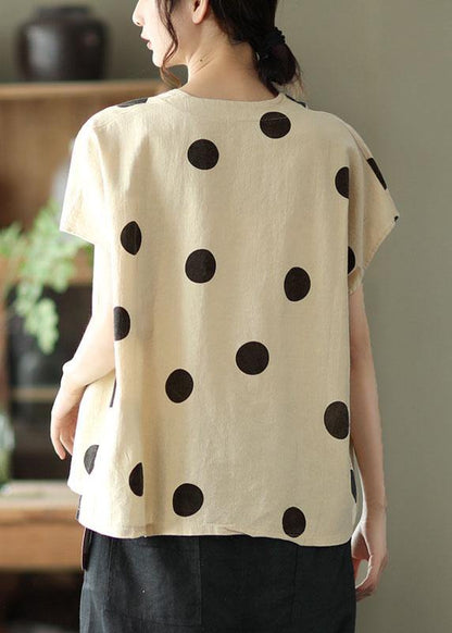 French Khaki V Neck Dot Summer Linen Shirt Top