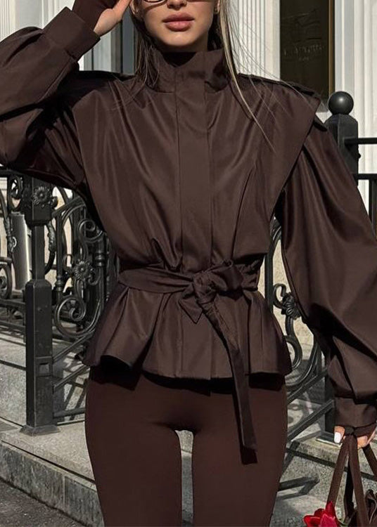 Stylish Apricot Stand Collar Lace Up Cotton Short Coats Fall