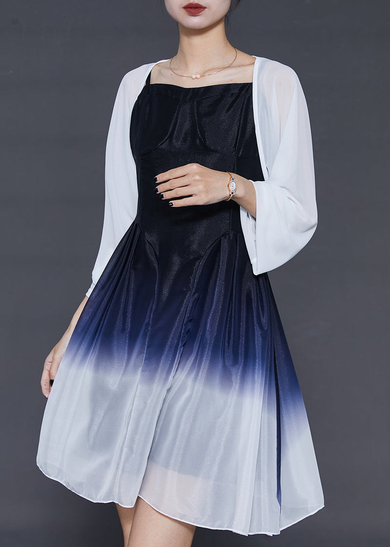 French Gradient Color Silm Fit Silk Dress Two Pieces Set Summer