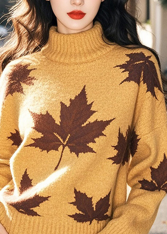 Yellow Hign Neck Thick Print Knit Sweaters Winter