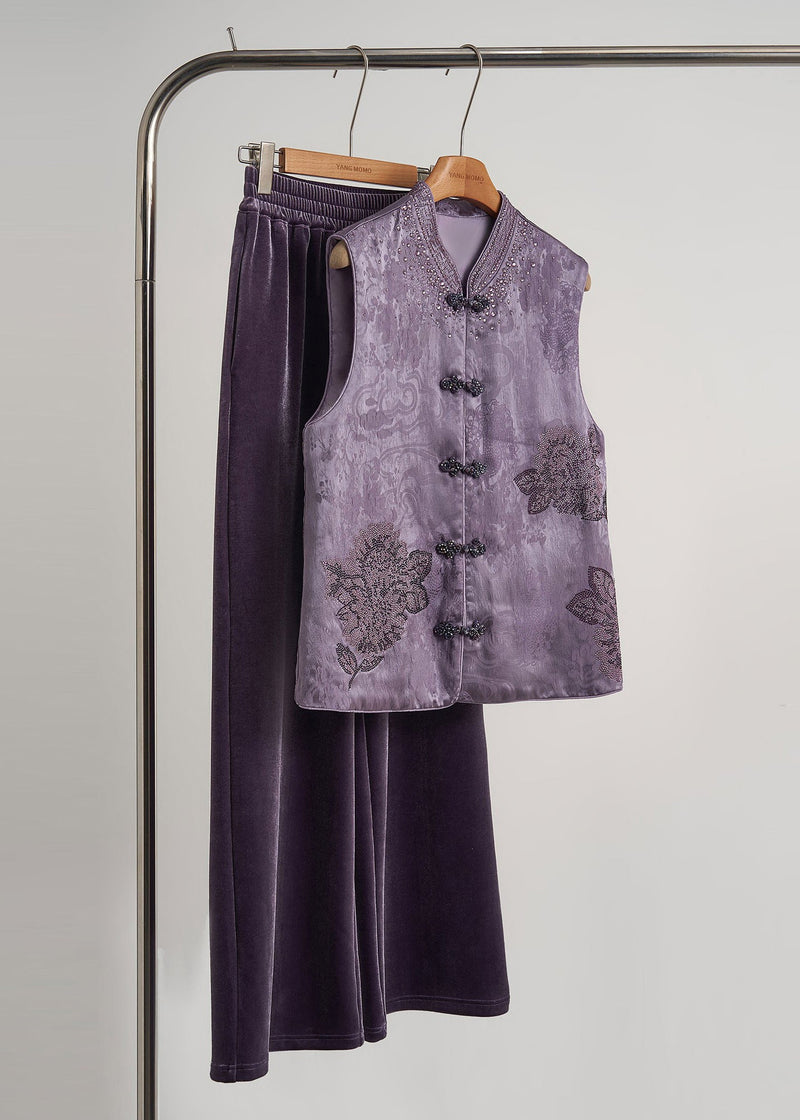 Purple Mandarin Collar Rhinestone Silk Velvet Vests Fall
