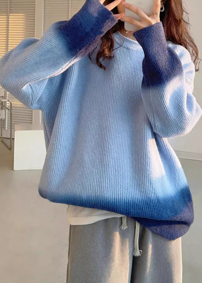 Blue O-neck Cozy Cotton Knit Sweaters Batwing Sleeve