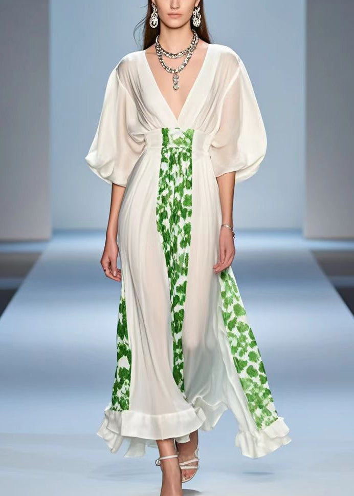 White V Neck Print Silk Party Dress Summer