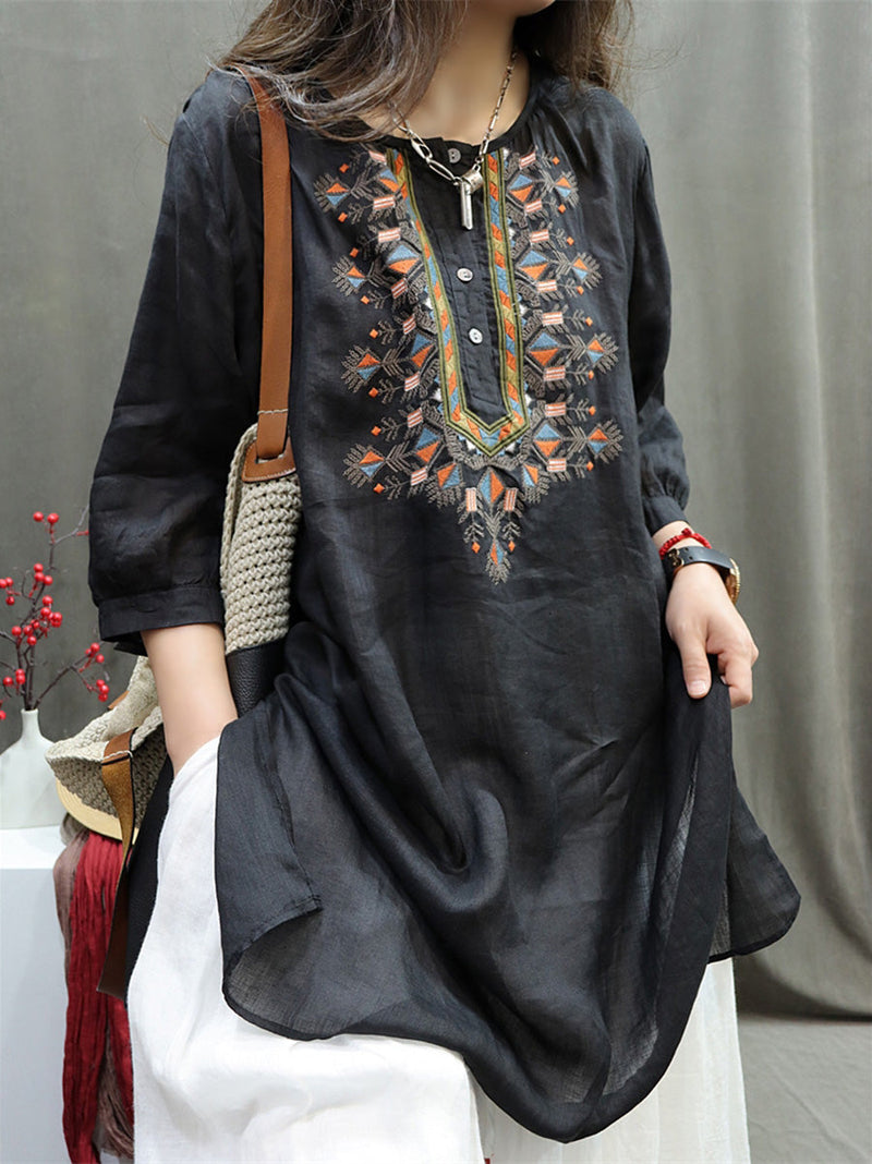 Summer Retro Embroidery O-neck Ramie Shirt