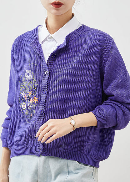 Purple Embroidered Knit Cardigans Spring