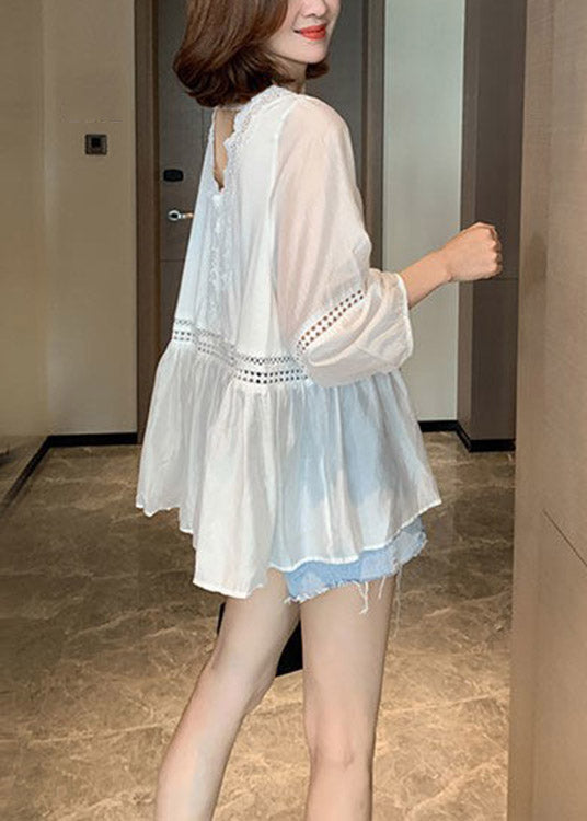 Diy White V Neck Lace Patchwork Shirt Puff Sleeve